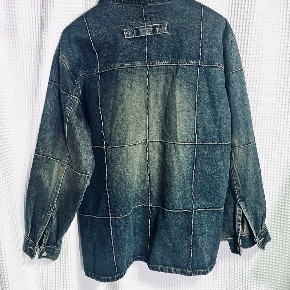 Vintage Vibes GL Patchwork Heavy Cotton Blue Jean Shirt Jacket Side Slits XXL - Picture 7 of 11
